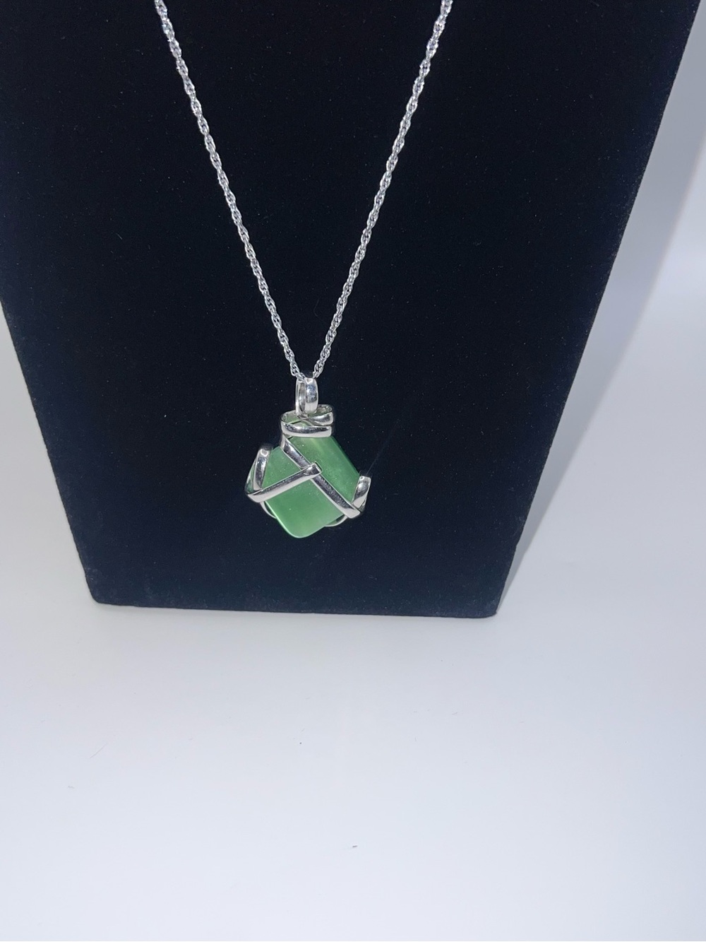 Green Stone Pendant Necklace - Silver Wrapped Design